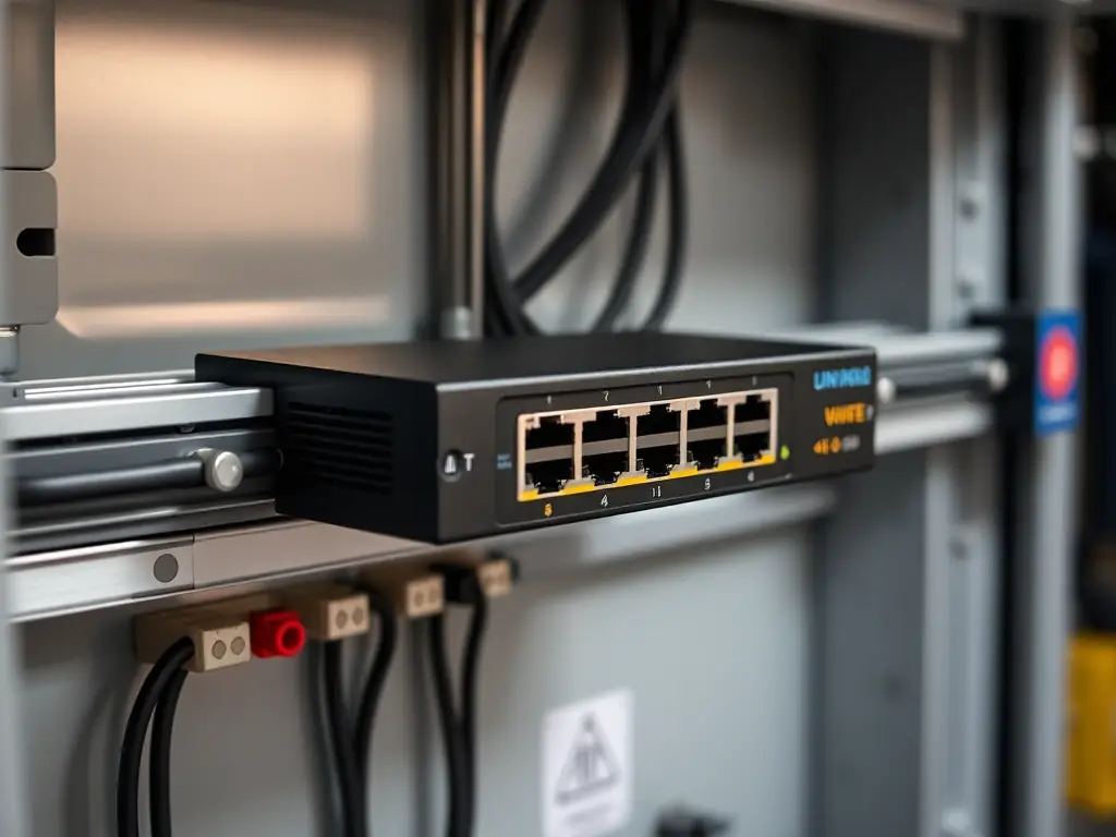 An image of a ruggedized DIN-Rail network switch installed in an industrial control panel, highlighting its compact size and robust design.