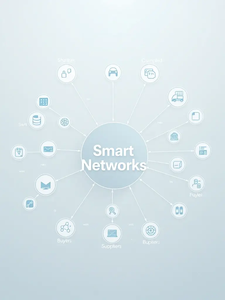 A network diagram illustrating the connection between manufacturers, suppliers, and buyers, highlighting Smart Networks' role in facilitating these connections.