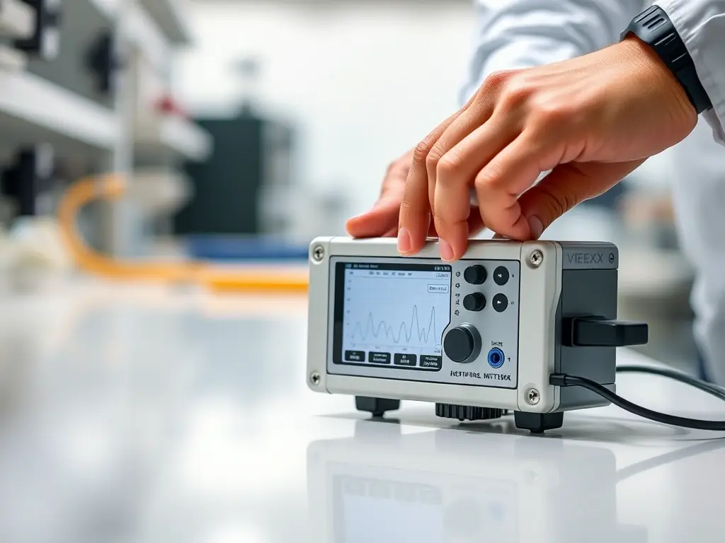 A close-up of a VEEX MTX150x module being used to analyze fiber optic signals, highlighting its precision and accuracy in identifying signal degradation.