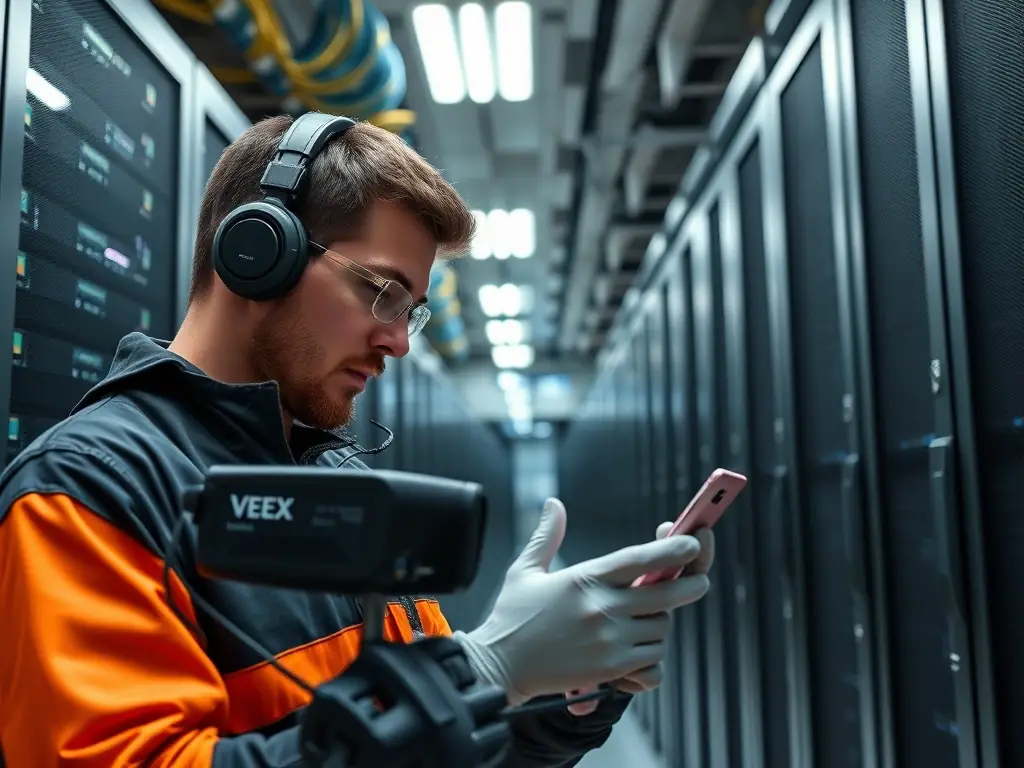 A technician using a VEEX TX300s to test fiber optic cables in a data center environment, ensuring optimal performance and identifying potential issues.