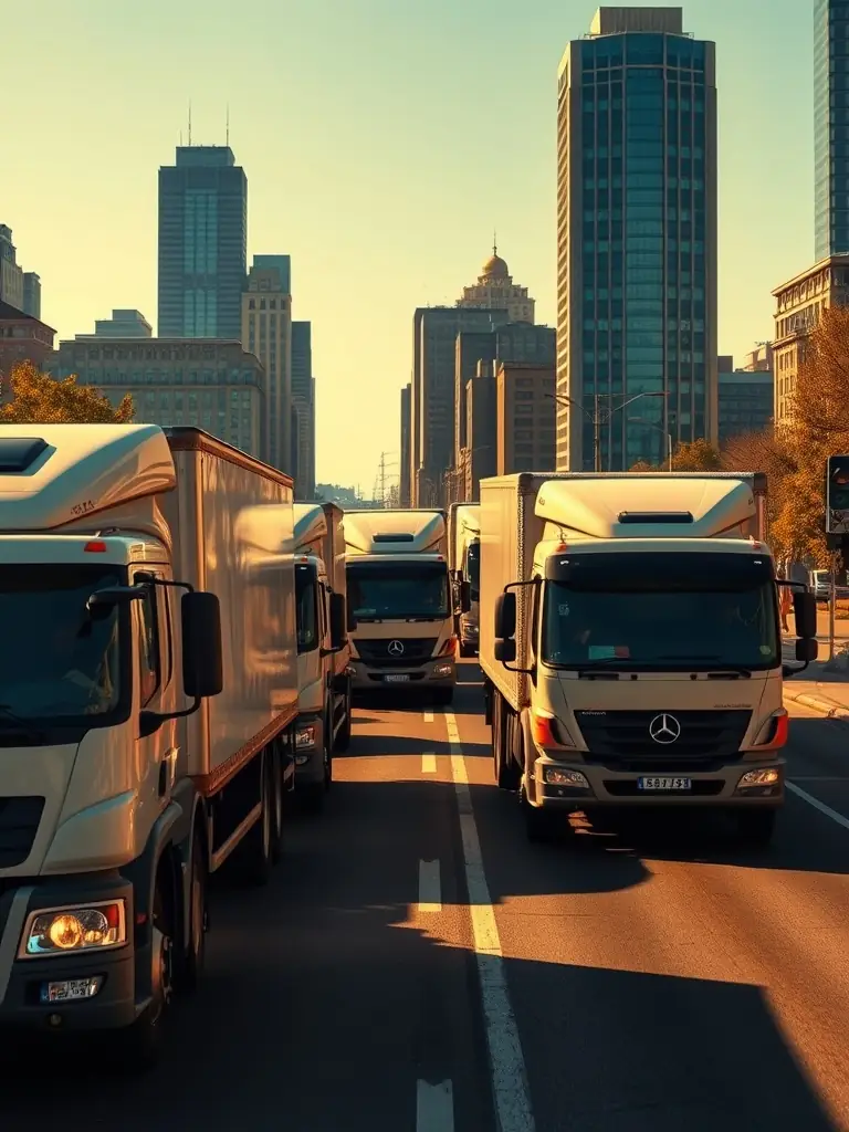 A fleet of delivery trucks on a highway, representing the transportation services provided by Smart Networks.