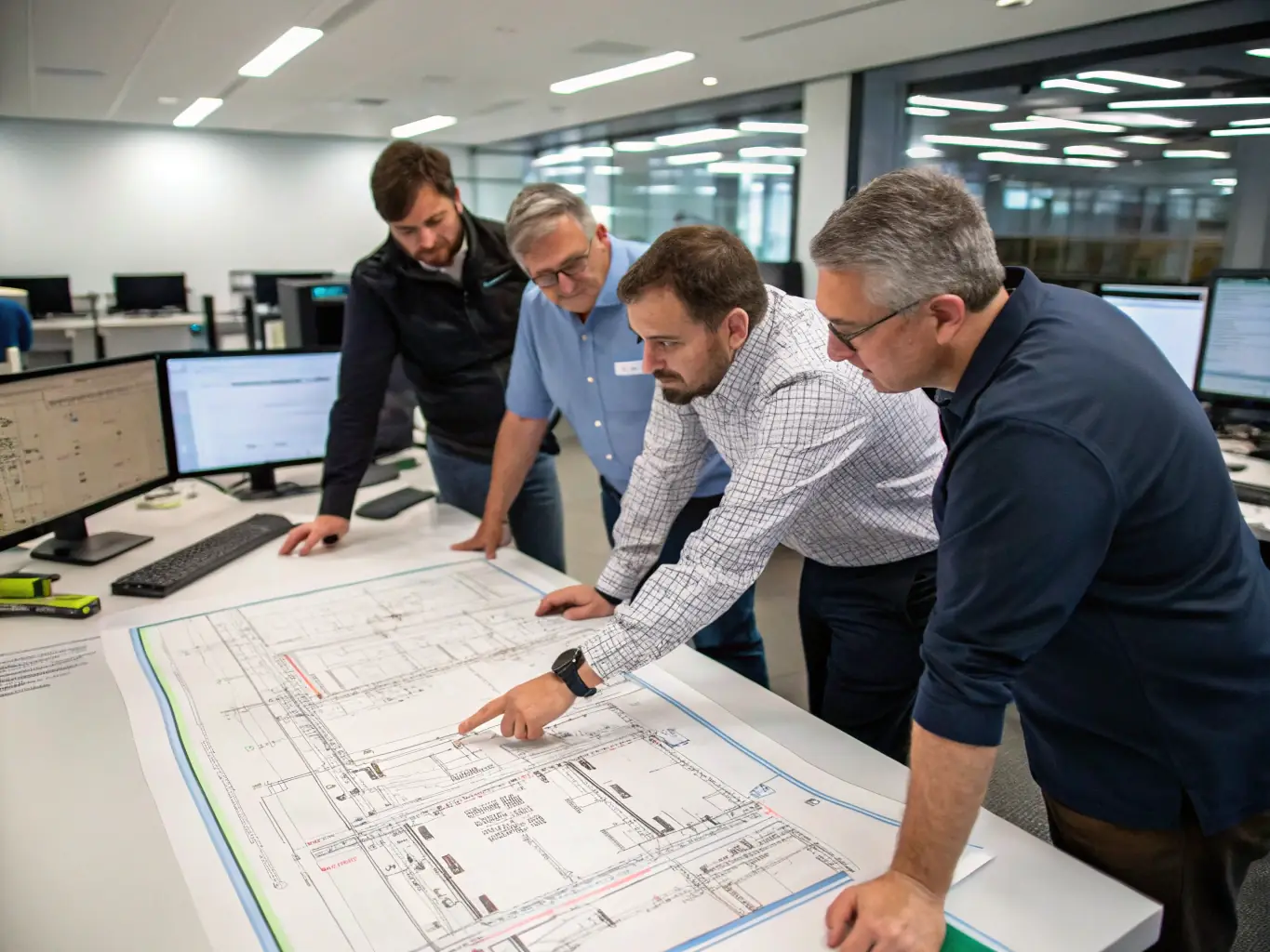 A diverse team of technical experts consulting over a network infrastructure blueprint, highlighting customized solutions.