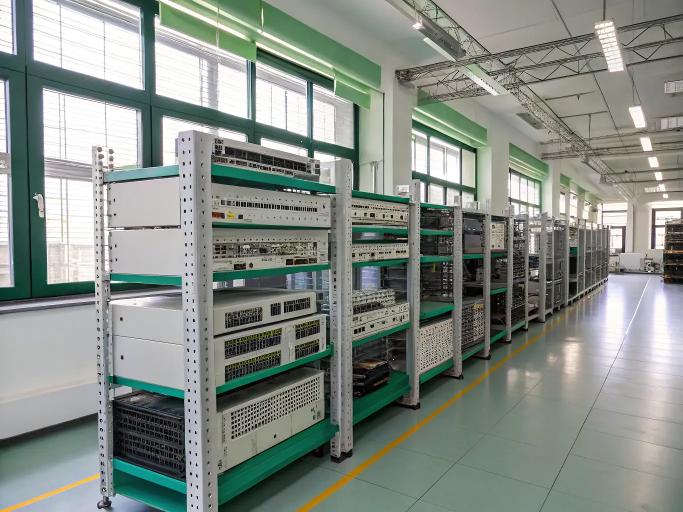 A modern, well-organized warehouse filled with various networking equipment boxes, showcasing efficient logistics and distribution capabilities.