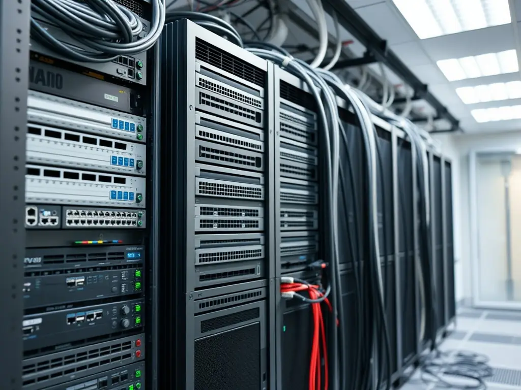 A high-resolution image showcasing a modern network switch setup in a data center environment, emphasizing the sleek design and advanced technology.