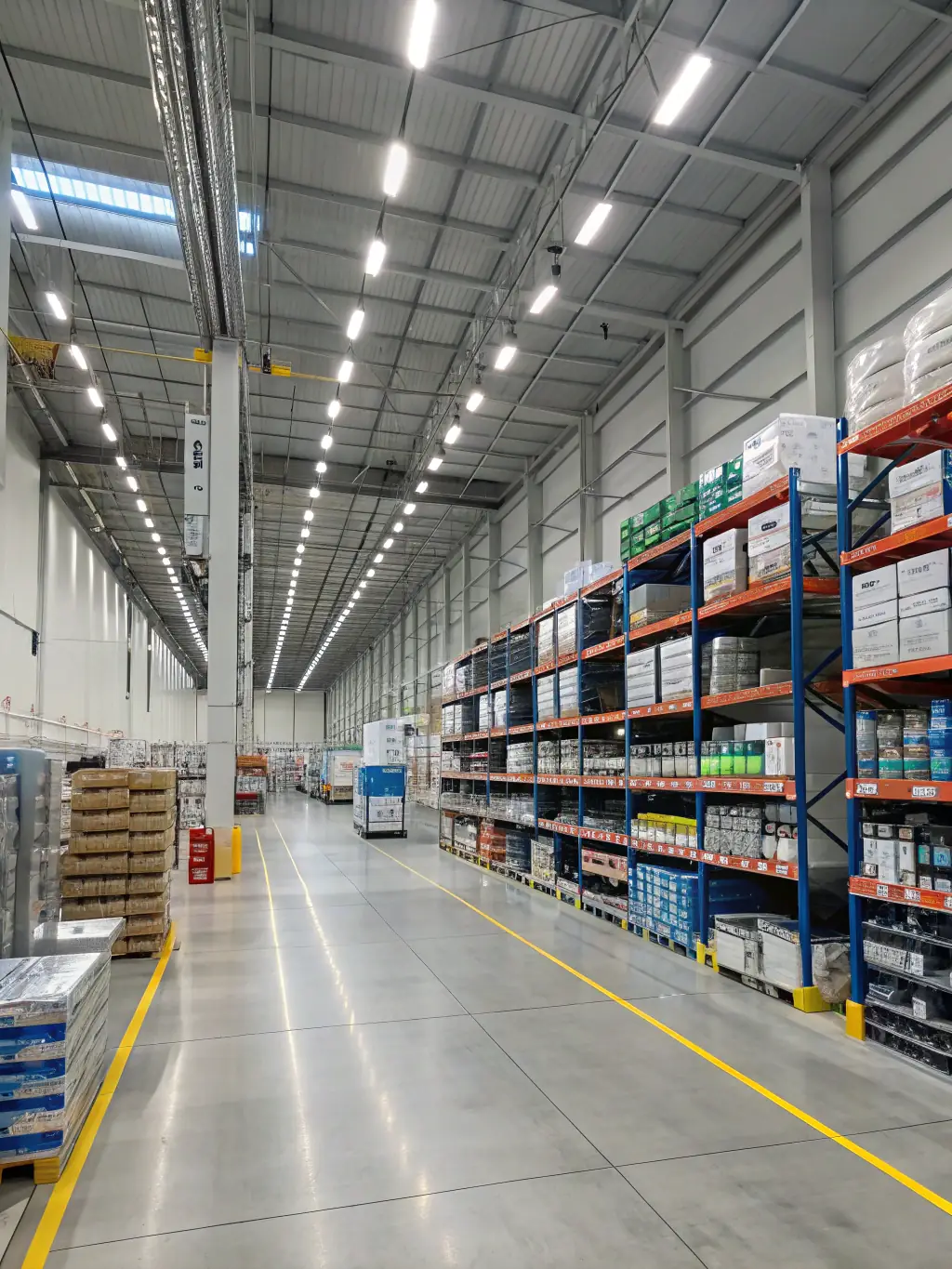 A modern warehouse interior with automated systems, showcasing efficient inventory management and order fulfillment for Smart Networks' logistics services.