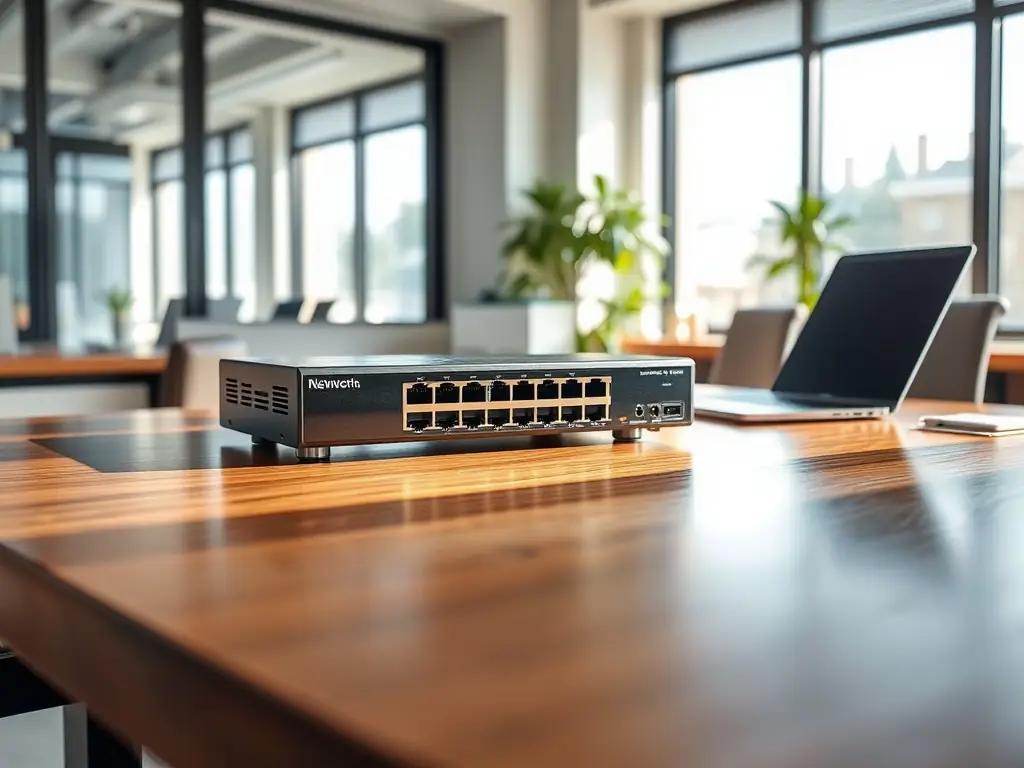 A high-quality image showcasing a Microsens 25-Port GBE Rack Switch installed in a server rack, highlighting its sleek design and connectivity options.